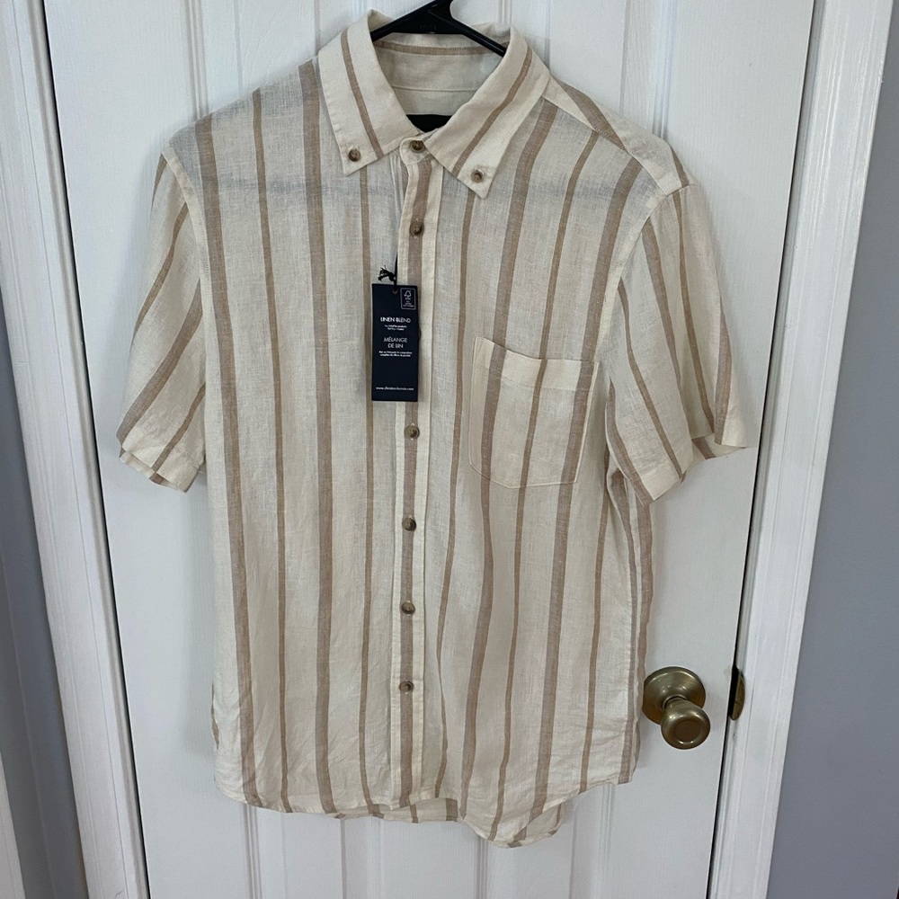 Christian Lacroix Button Down Men's Small Tan Cream Striped Linen Blend Modern
